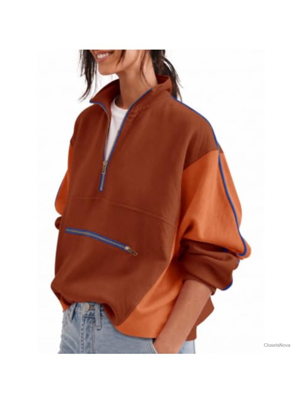 Womens Half Zip Fleece Sweatshirt Stand Collar Crop Pullover Oversized